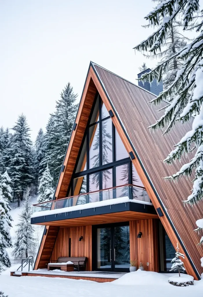 Snow-covered A-frame cabin with a glass balcony, large windows, and warm wooden siding in a winter landscape. A-Frame Cabin Exterior Ideas 