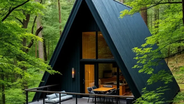 Black A-frame cabin with an elevated deck, large windows, and a lush green forest backdrop. A-Frame Cabin Exterior Ideas