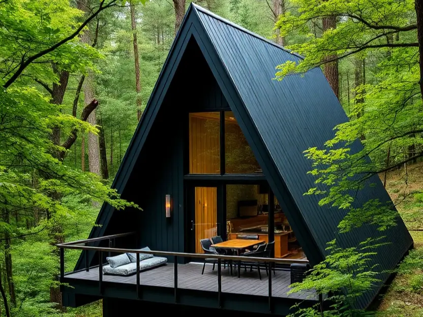 Black A-frame cabin with an elevated deck, large windows, and a lush green forest backdrop. A-Frame Cabin Exterior Ideas