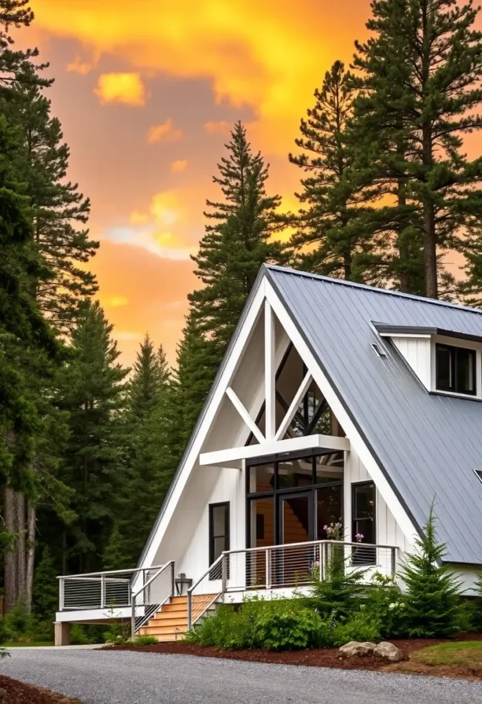 Modern A-frame house with a metal roof and large windows surrounded by trees, glowing under a vibrant sunset sky.