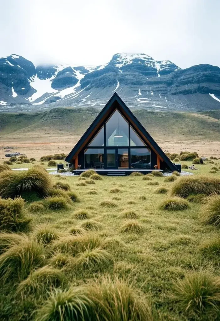 A-frame house with large glass windows, surrounded by lush grass and a stunning mountain backdrop with snow-capped peaks.