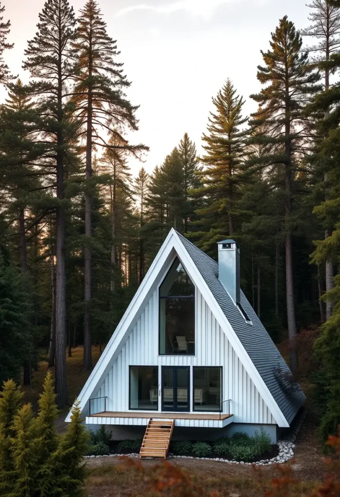 A-frame house with white siding, large windows, and an elevated deck nestled among tall pine trees in a tranquil forest setting.