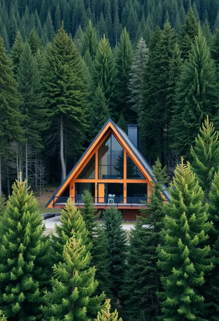 A-frame house with warm wood accents, large glass windows, and a wraparound deck surrounded by lush green pine trees.