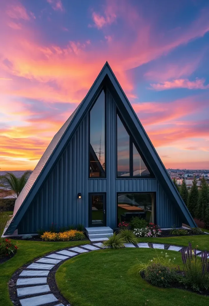 Modern black A-frame house with large glass windows, surrounded by a landscaped garden and illuminated by a colorful sunset.