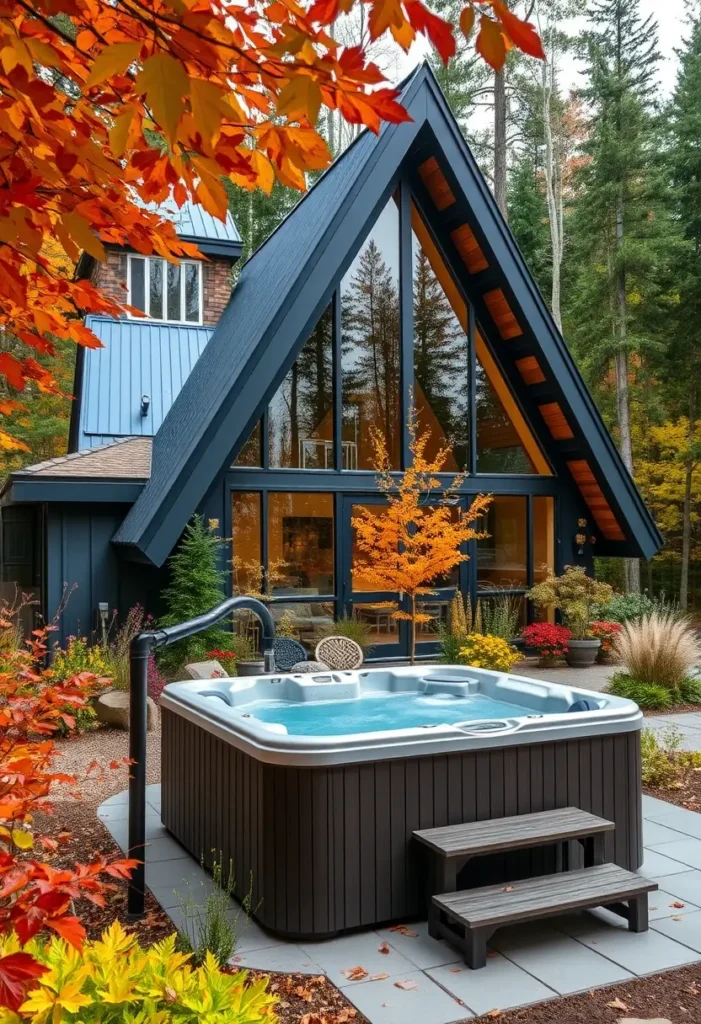 A-frame house with expansive glass walls, surrounded by autumn trees and a landscaped patio featuring a hot tub.