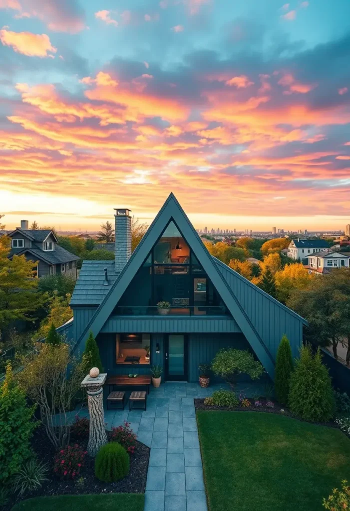 Modern A-frame house with a rooftop balcony, landscaped garden, and vibrant sunset skies overlooking a suburban neighborhood.