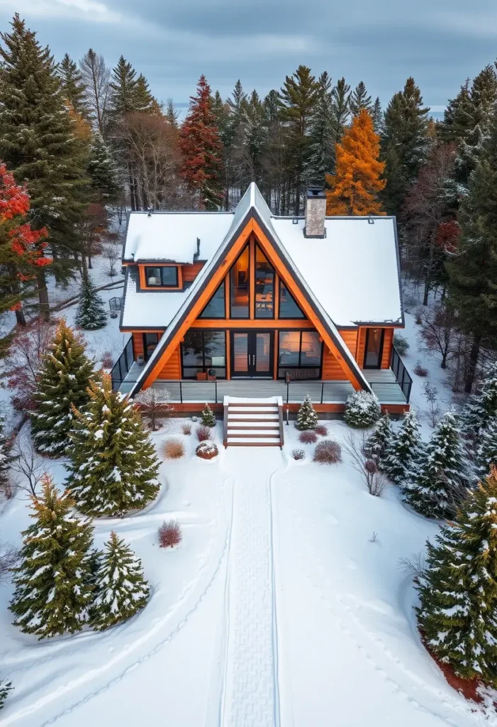 A-frame cabin with wooden accents, large windows, and snow-covered surroundings, nestled among evergreen trees in a serene forest.