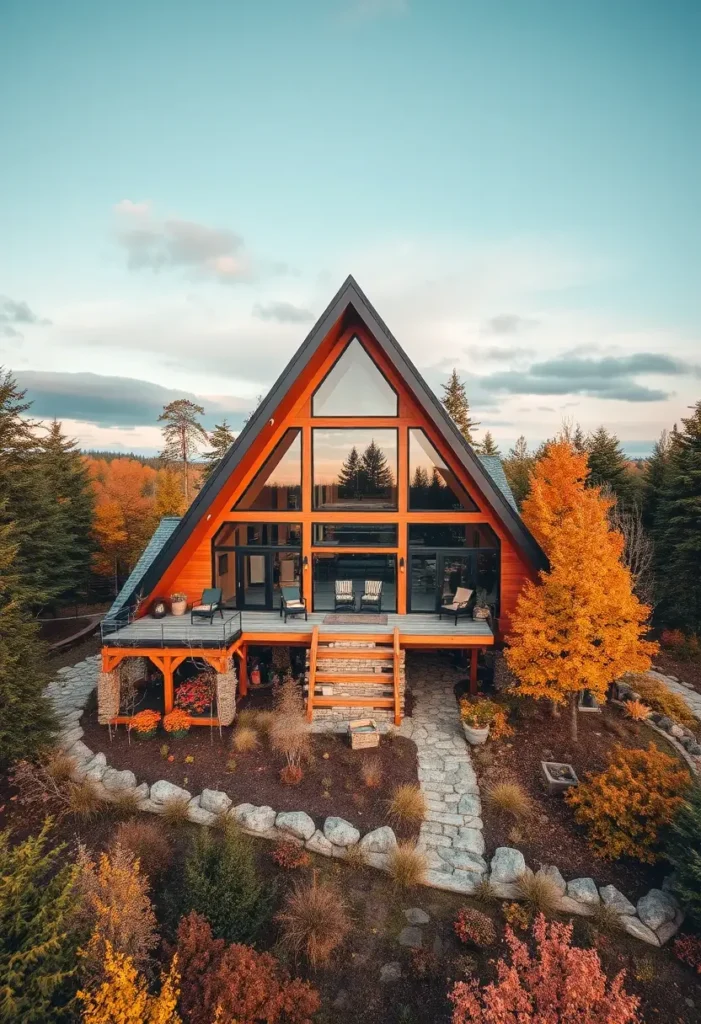 A-frame house with wooden siding, large glass windows, and a deck surrounded by colorful autumn trees and landscaped gardens.