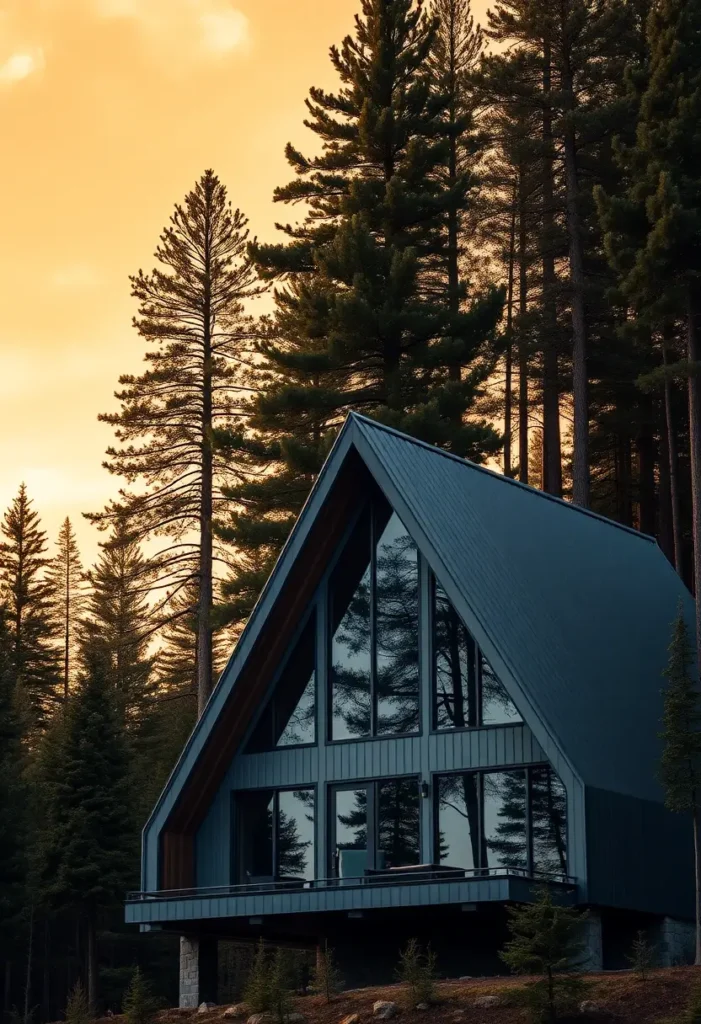 Modern A-frame house with dark siding and large reflective windows, surrounded by a tranquil forest under a golden sky.