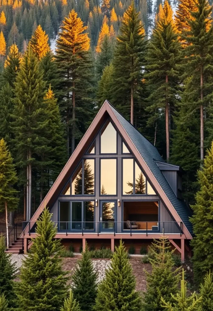 A-frame house with dark siding, large glass windows, and a scenic evergreen forest backdrop illuminated by golden light.