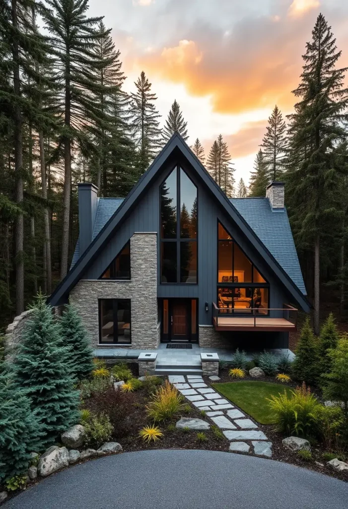 A-frame house with stone and black siding, large windows, and a landscaped yard surrounded by a forest under a sunset sky.