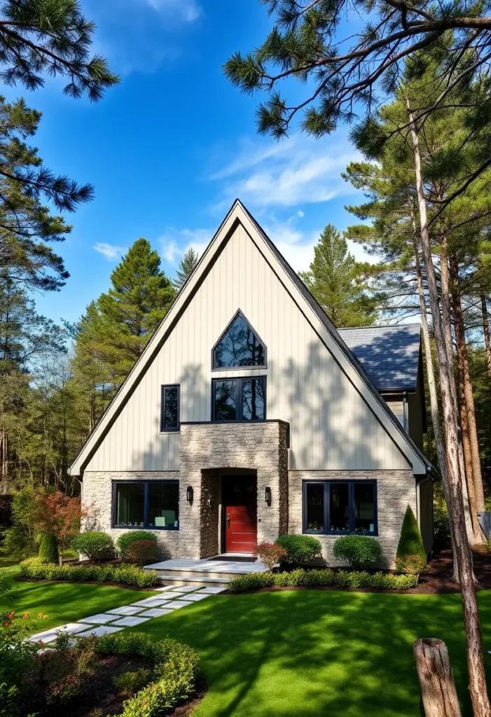 A-frame house with beige siding, a stone facade, and a red door, surrounded by a manicured lawn and trees under a bright blue sky.