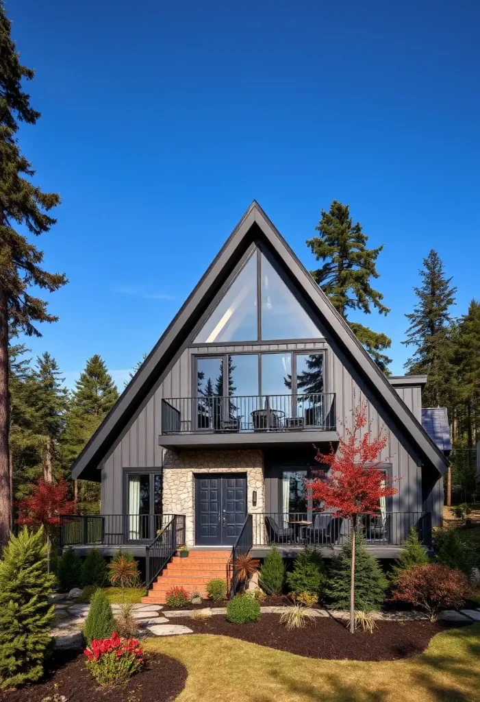 A-frame house with dark siding, stone accents, and a second-story balcony, surrounded by landscaped gardens and a forest backdrop.