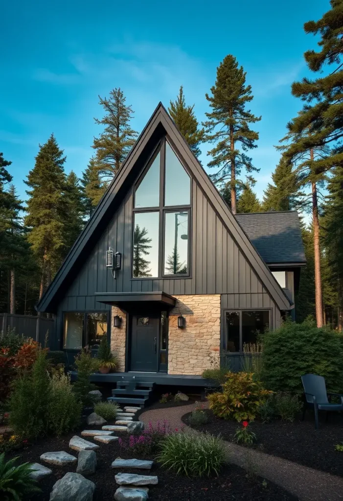 A-frame house with dark siding, stone accents, and a landscaped yard featuring a stone pathway, surrounded by tall trees.