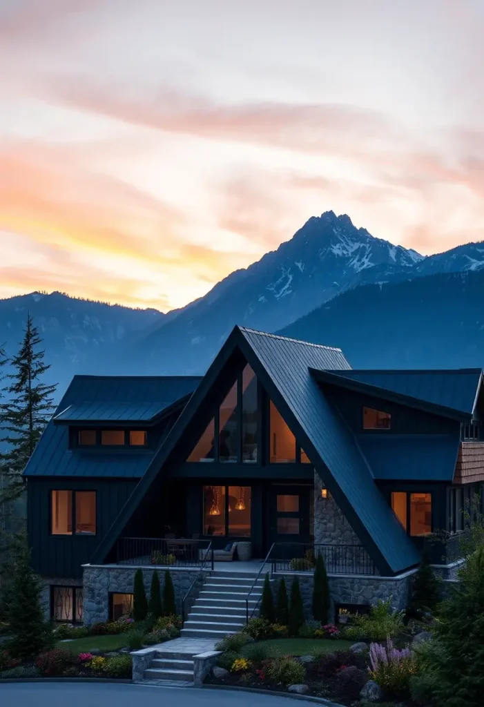 Modern A-frame house with black siding, stone foundation, and mountain backdrop at sunset, surrounded by landscaped gardens.