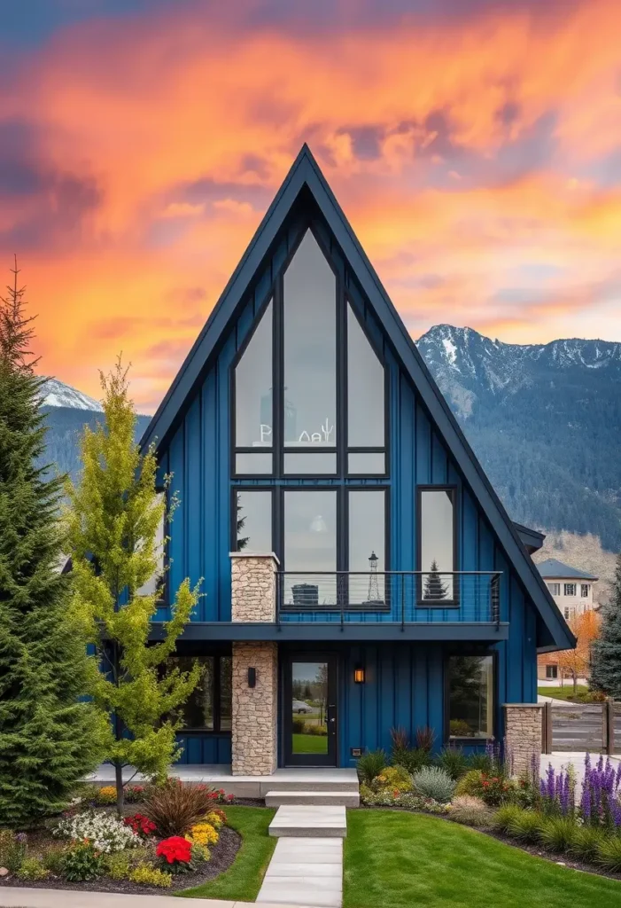 A-frame house with bold blue siding, large glass windows, stone accents, and mountain views at sunset, surrounded by landscaped gardens.