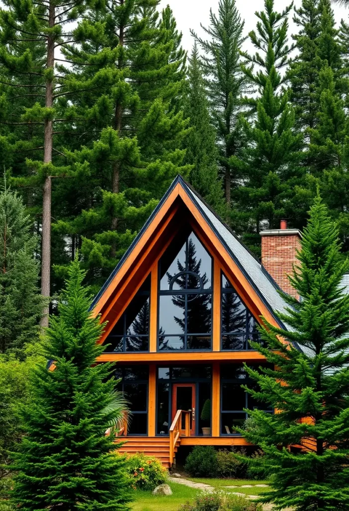 A-frame house with warm wooden siding, large glass windows, and a lush evergreen forest backdrop.