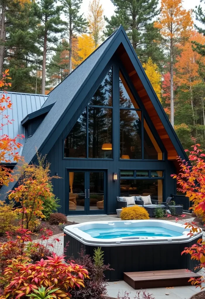 Modern black A-frame house with a hot tub and outdoor seating, surrounded by colorful autumn trees and vibrant landscaping.