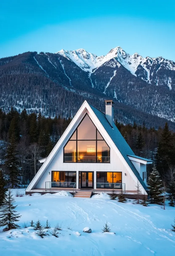 A-frame house with white siding, large windows, and a snowy landscape, set against a dramatic mountain backdrop.