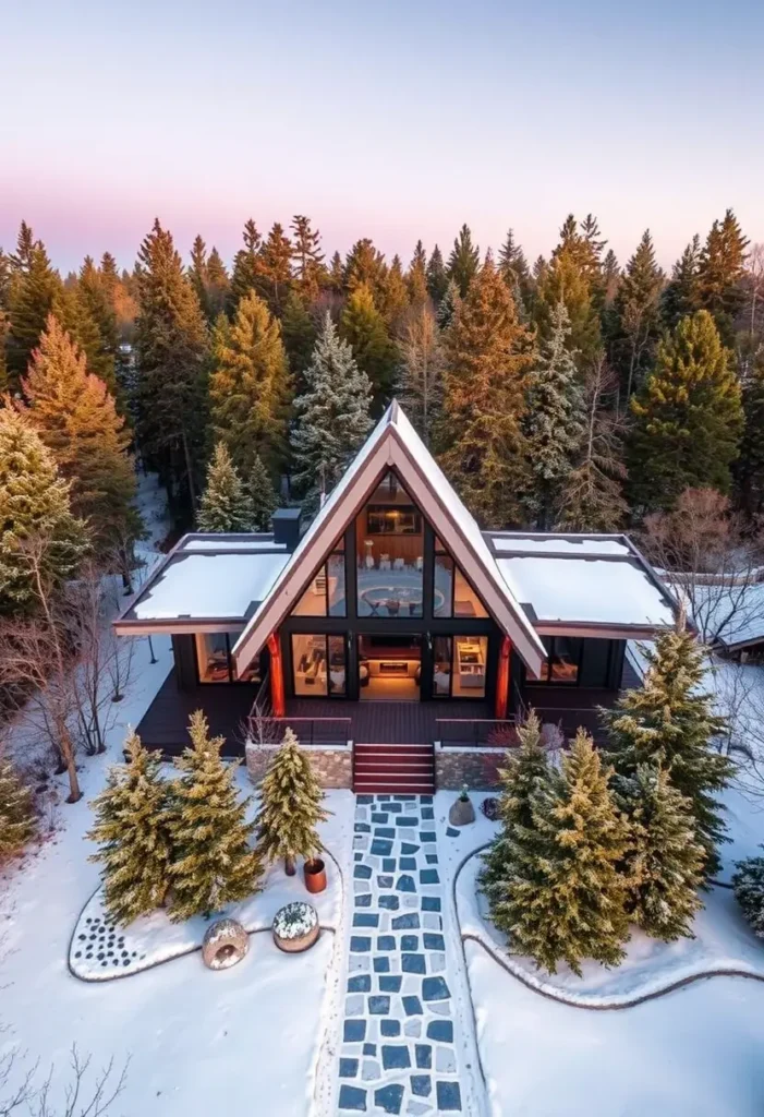 A-frame house with a large glass facade, snow-covered surroundings, and a stone-paved walkway, nestled among pine trees.