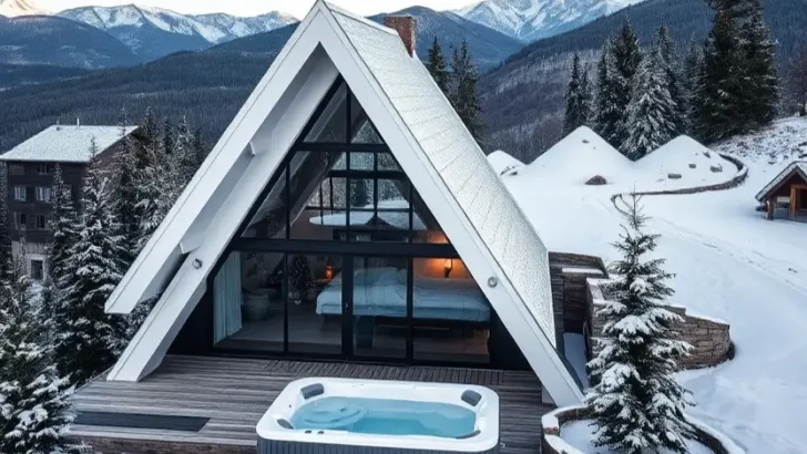 A-frame house with a white roof, large glass windows, and an outdoor hot tub, surrounded by snowy mountains and pine trees. A-frame house ideas