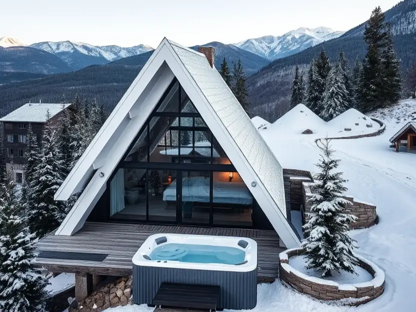 A-frame house with a white roof, large glass windows, and an outdoor hot tub, surrounded by snowy mountains and pine trees. A-frame house ideas