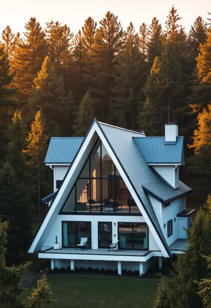 A-frame house with white siding, large glass windows, and a backdrop of golden forest trees during sunset.