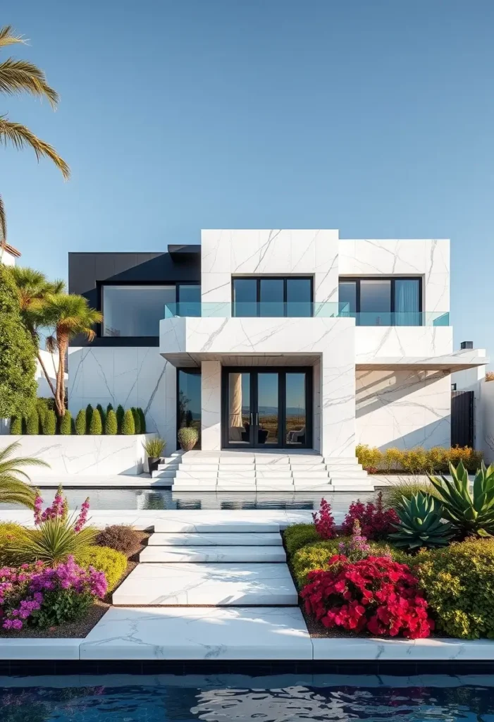 A modern house with a marble facade, black-framed windows, vibrant landscaping, and floating steps over a water feature.