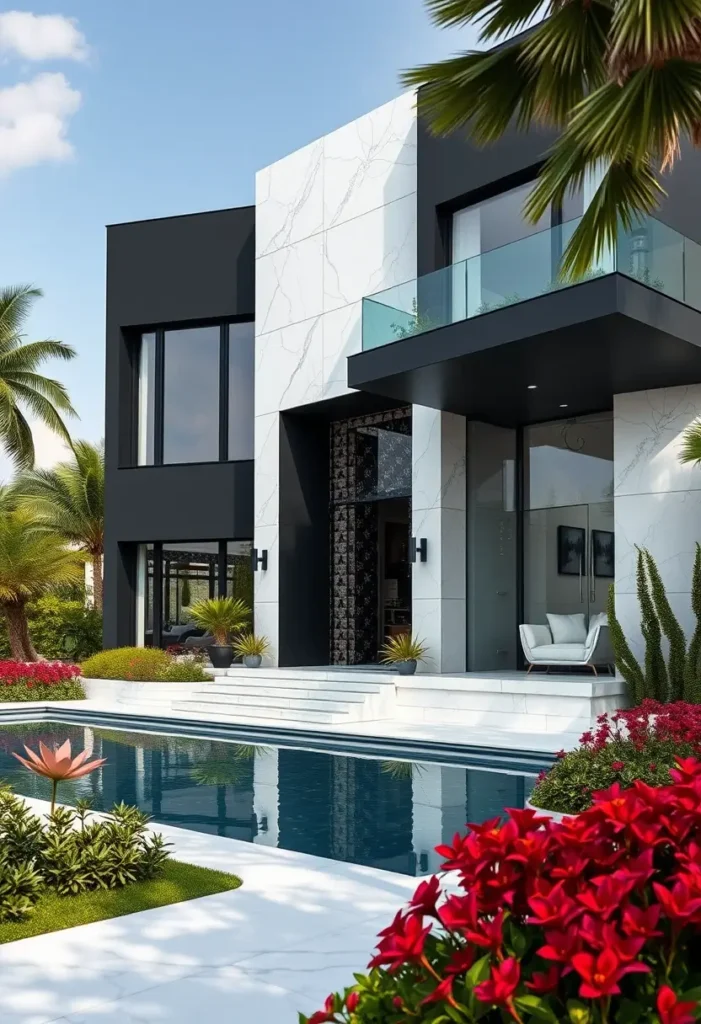 A modern house with marble and black panel accents, poolside tropical landscaping, and an outdoor lounge area.