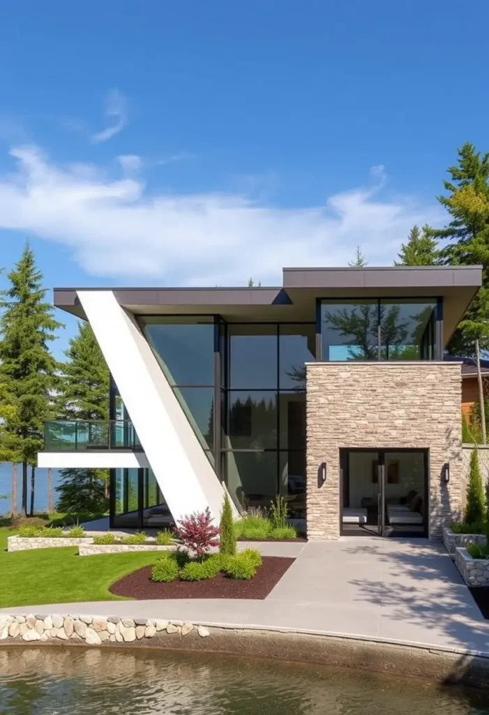 A modern lakefront house with angular design, large glass walls, stone accents, and lush landscaping.