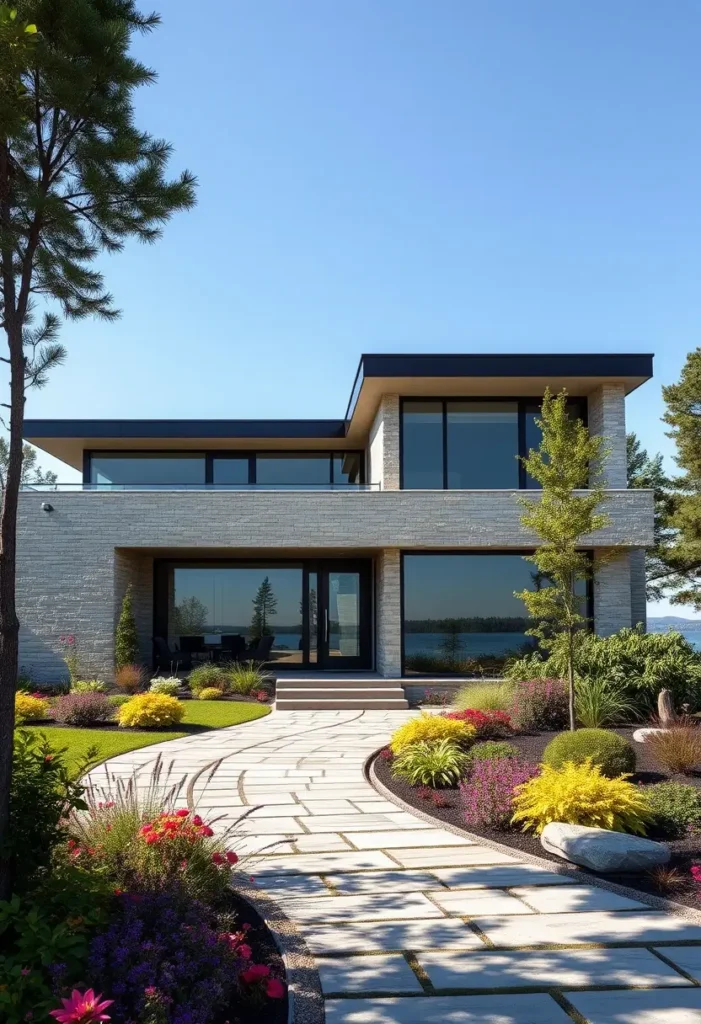 A modern house with a stone facade, large windows, a winding garden pathway, and vibrant landscaping.