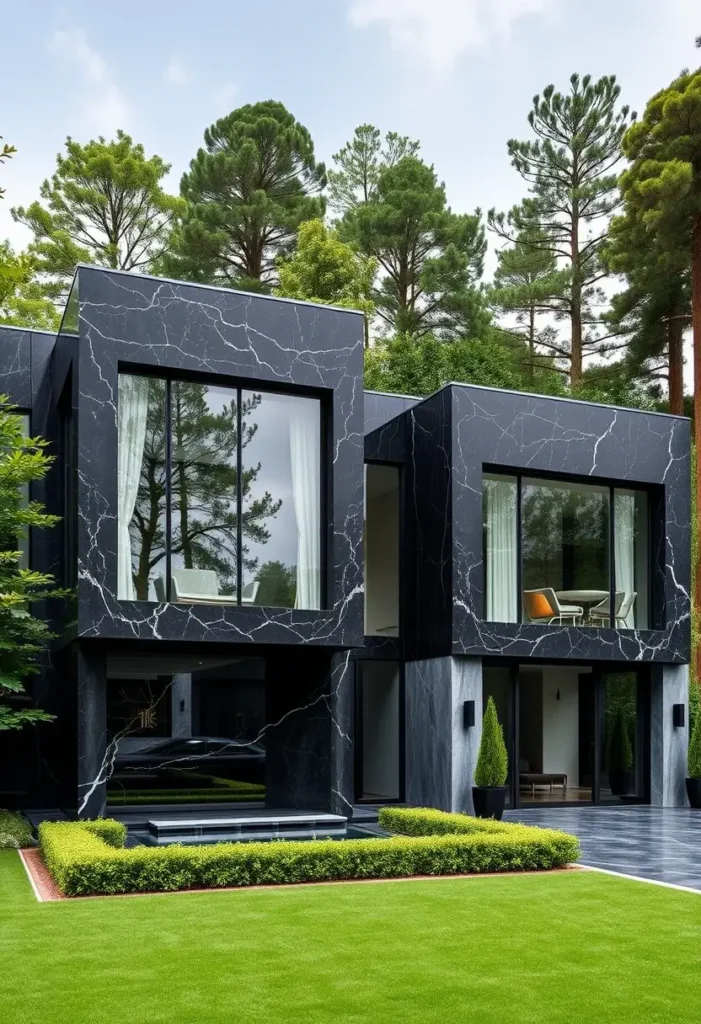 A modern house with a black marble exterior, large windows, manicured lawn, and lush greenery.