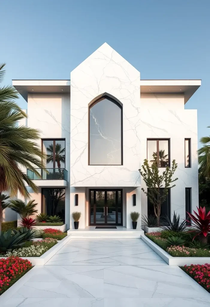 Modern house with a white marble facade, Gothic-style arched window, tropical landscaping, and a clean, minimalistic entrance.