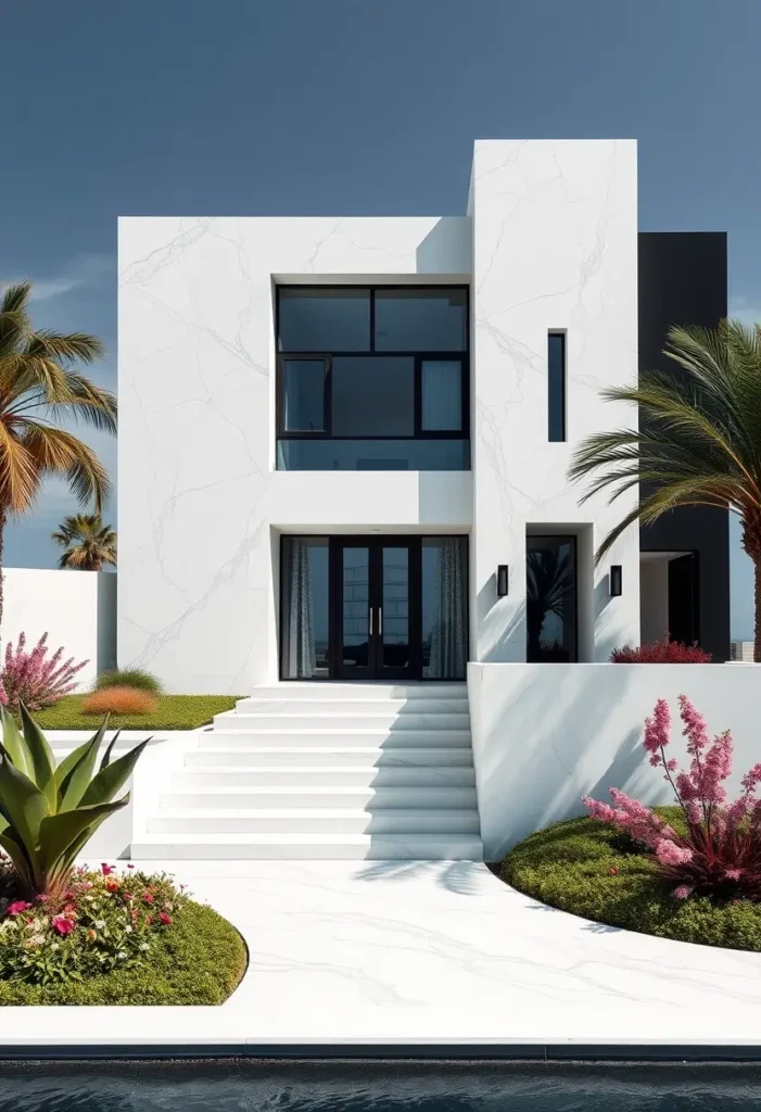 A modern minimalist house with a white marble facade, black-framed windows, wide staircase, and vibrant landscaping.