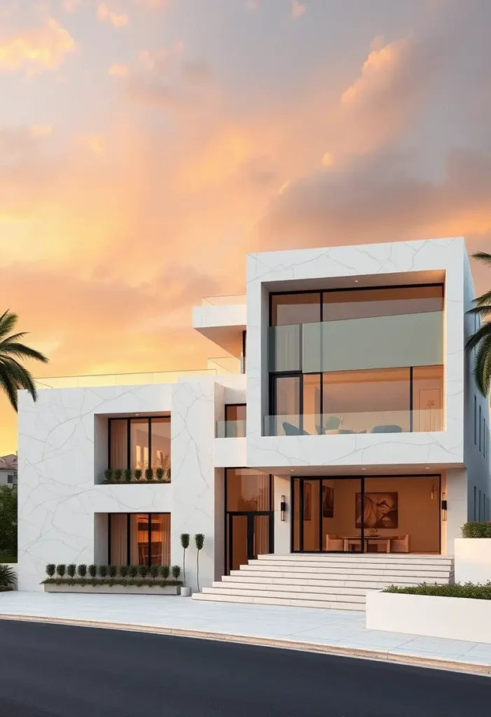 A modern white marble house with large glass windows, open balconies, a tiered design, and a glowing sunset backdrop.