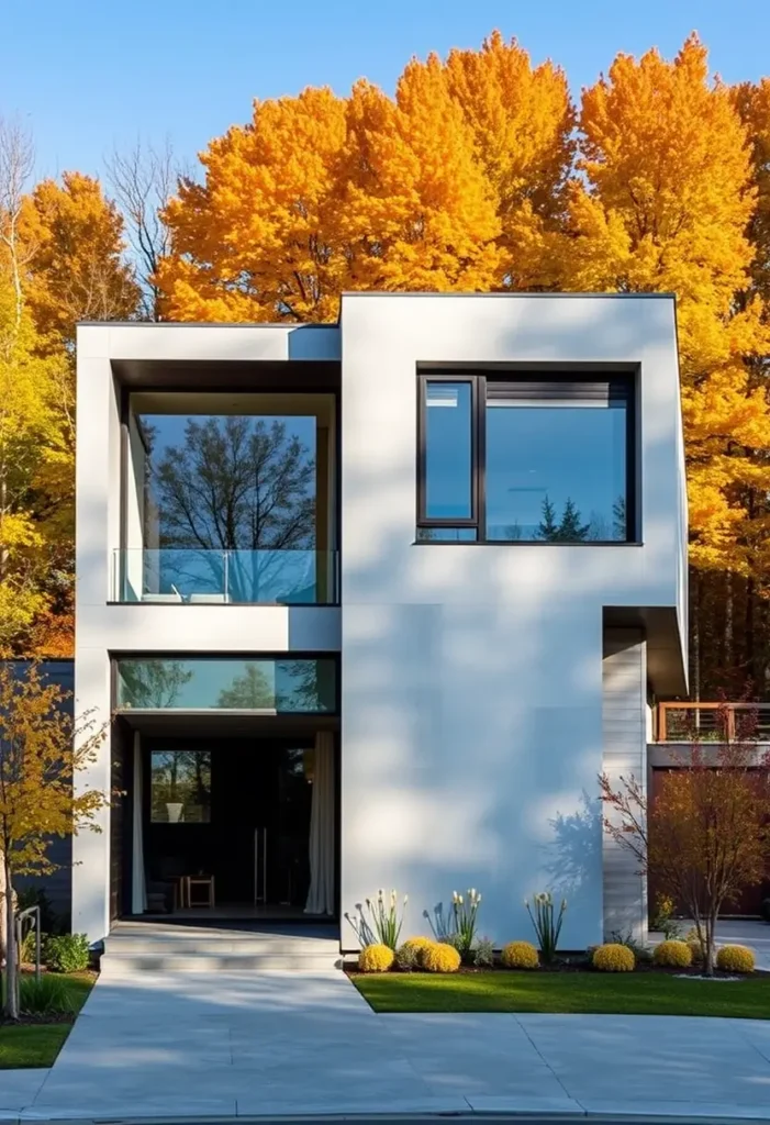 Modern white house with expansive glass windows, clean lines, autumn foliage backdrop, and seasonal landscaping.