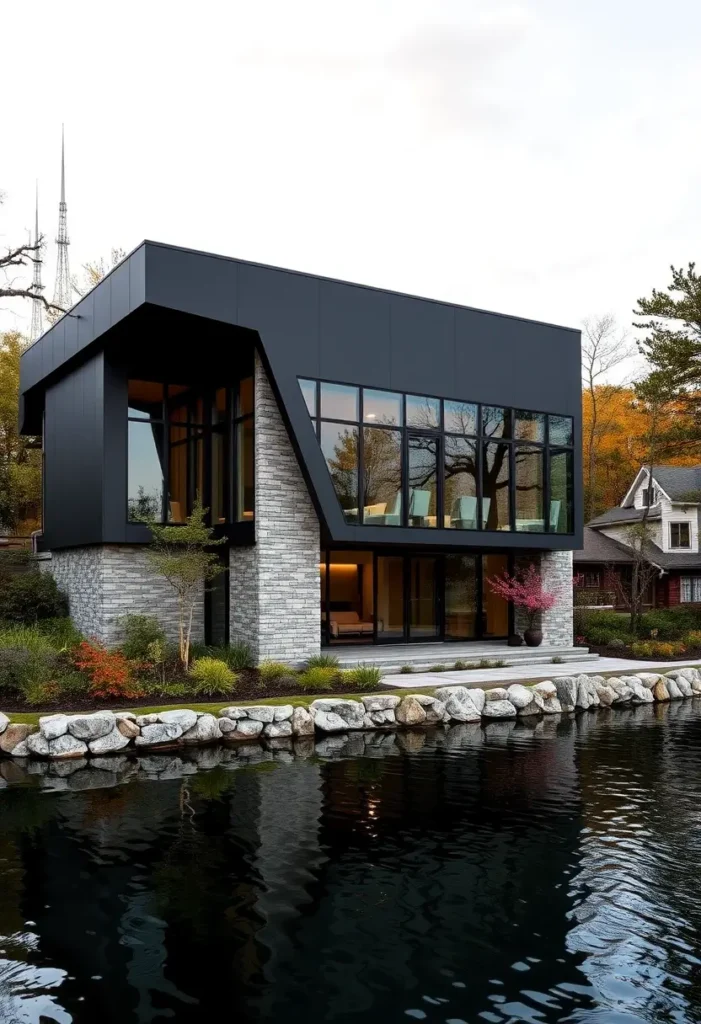 Modern black house with angular design, stone base, large windows, and a waterfront deck surrounded by natural landscaping.