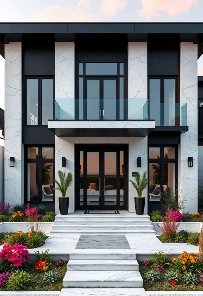 Modern house with marble facade, black accents, glass balcony, vibrant landscaping, and a double-door entrance.