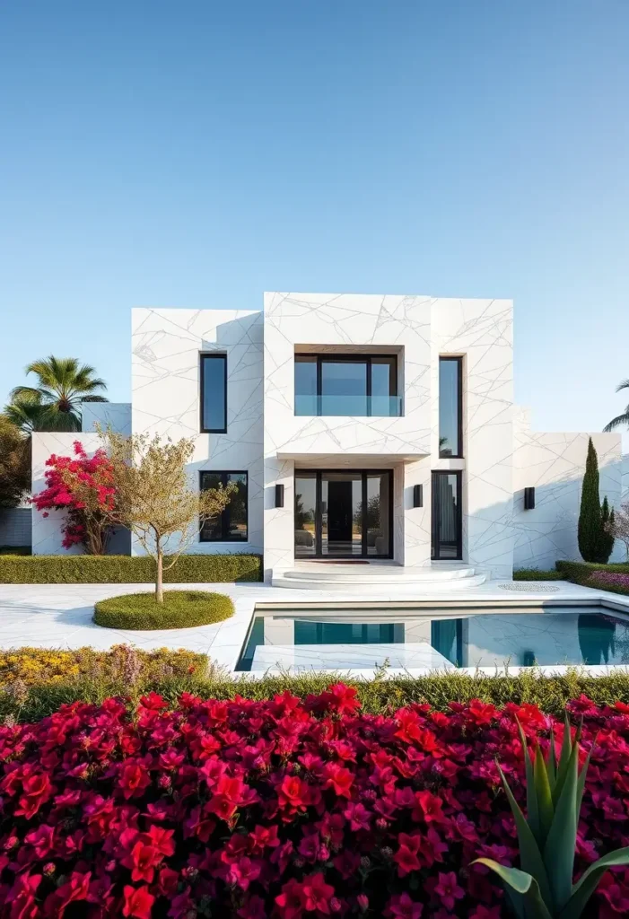 Modern house with white marble facade, pool, black-framed windows, vibrant floral landscaping, and symmetrical design.