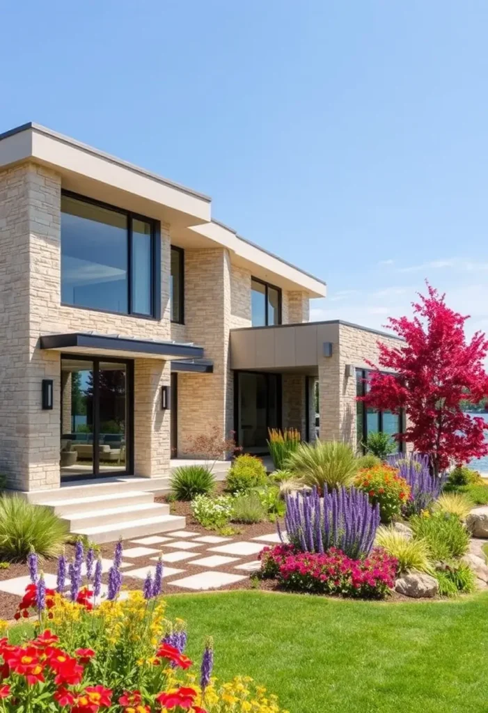 Modern house with natural stone facade, large windows, vibrant floral landscaping, and a welcoming pathway.