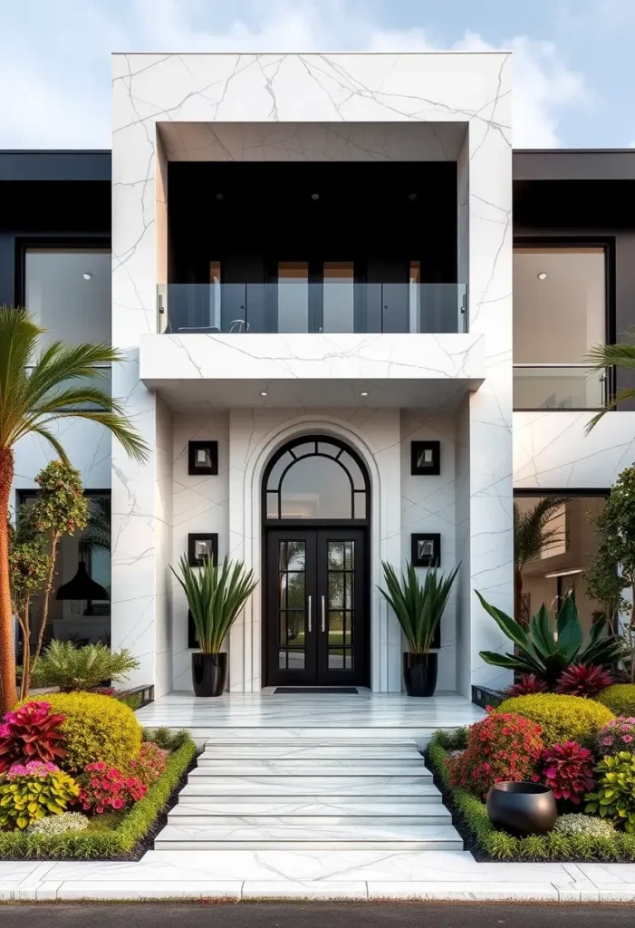 Modern home with marble facade, arched black double doors, glass balcony, and vibrant landscaping.