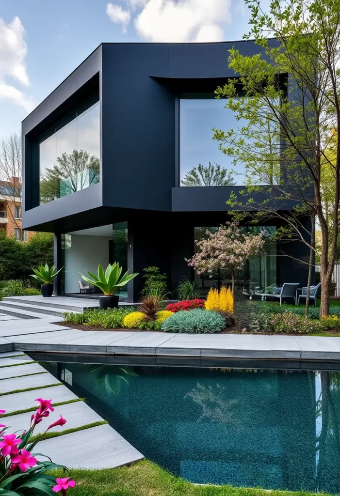 Modern home with black facade, floor-to-ceiling windows, a pool, vibrant landscaping, and minimalist pathways.