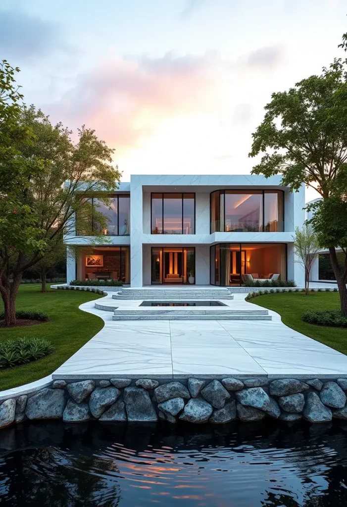 Modern villa with a white marble facade, glass panels, reflective pool, and lush waterfront landscaping.