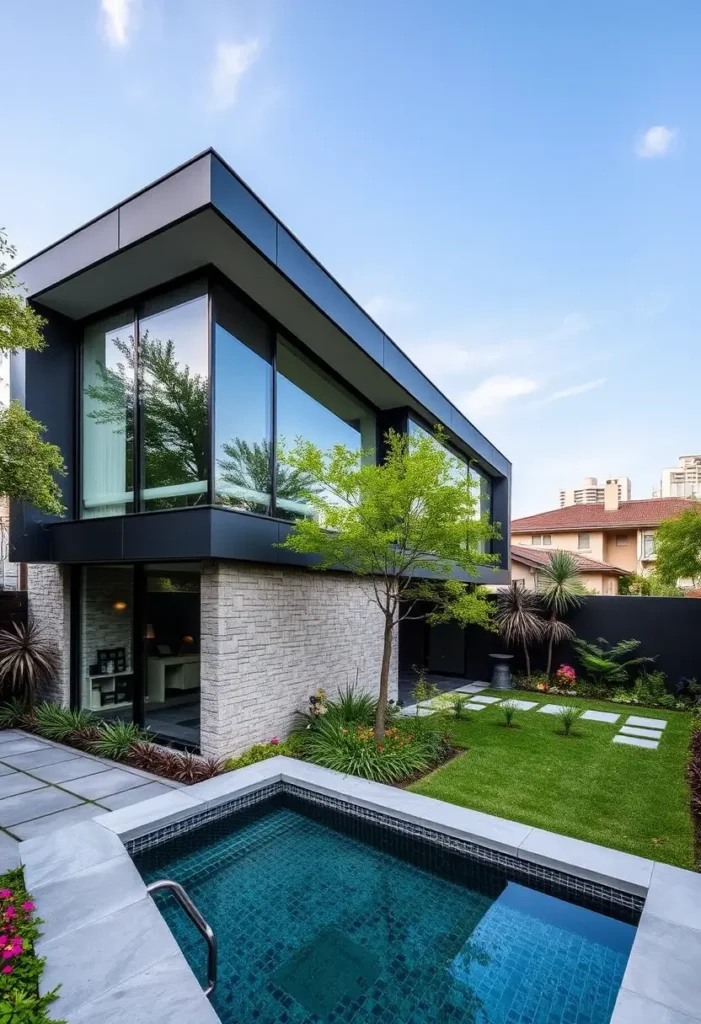 Modern house with black and stone facade, large windows, private pool, and landscaped garden with stepping stones.