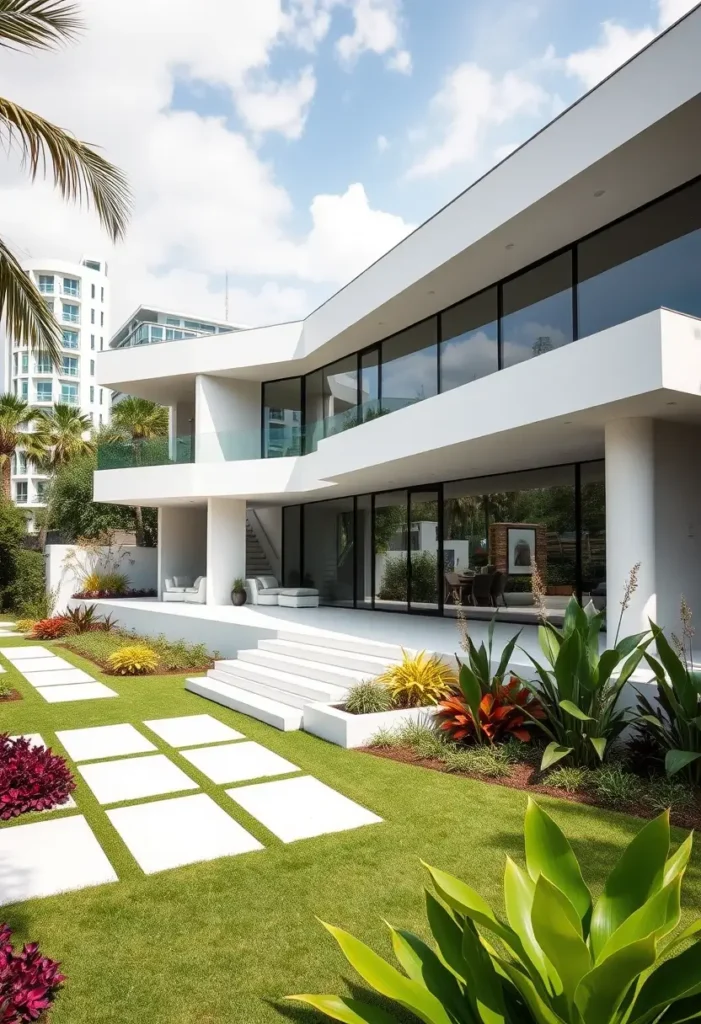 Modern white house with large glass panels, stepping-stone pathway, lush landscaping, and shaded outdoor seating areas.