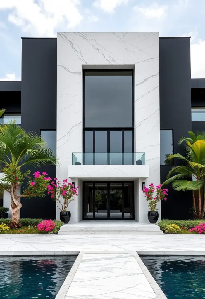 Modern house with black and white marble facade, glass balcony, tropical landscaping, and pool with marble walkway.