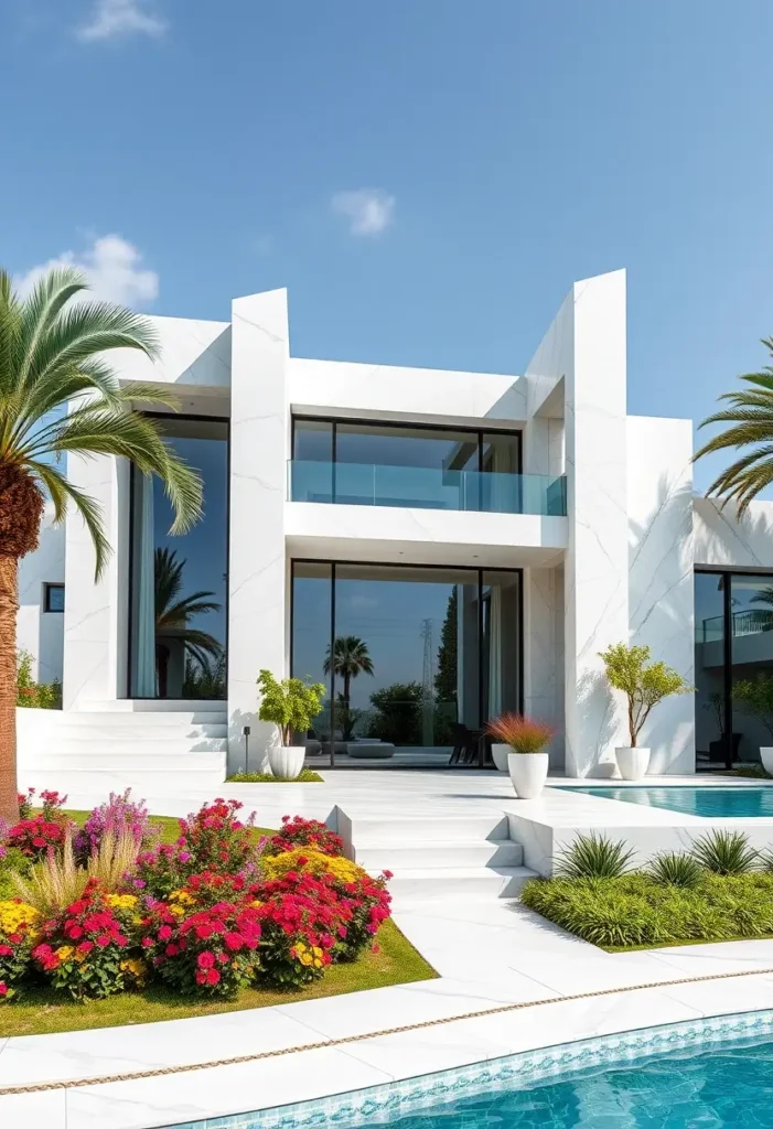 Modern white house with glass walls, vibrant landscaping, tropical palm trees, and a luxurious pool.