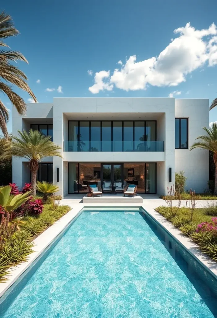 Modern house with white facade, glass doors, tropical landscaping, rectangular pool, and outdoor seating area.