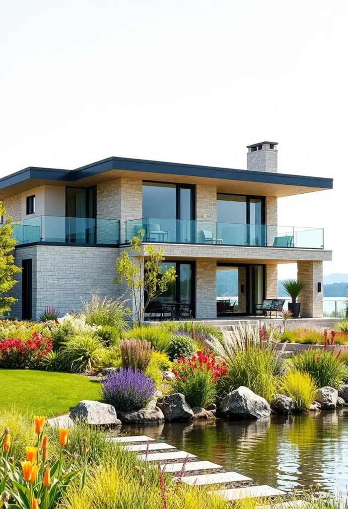 Modern lakeside home with natural stone facade, glass balconies, vibrant garden, and pond with stepping stones.