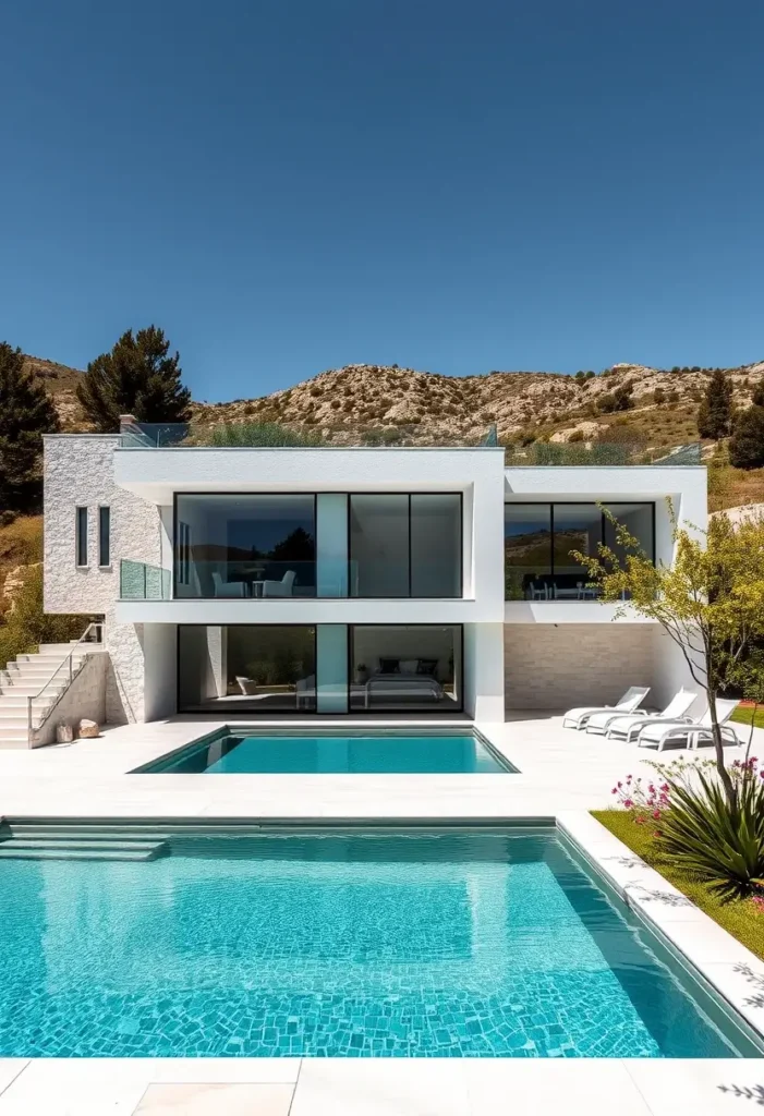 Modern white house in a desert setting, featuring dual pools, glass walls, and minimalist landscaping.